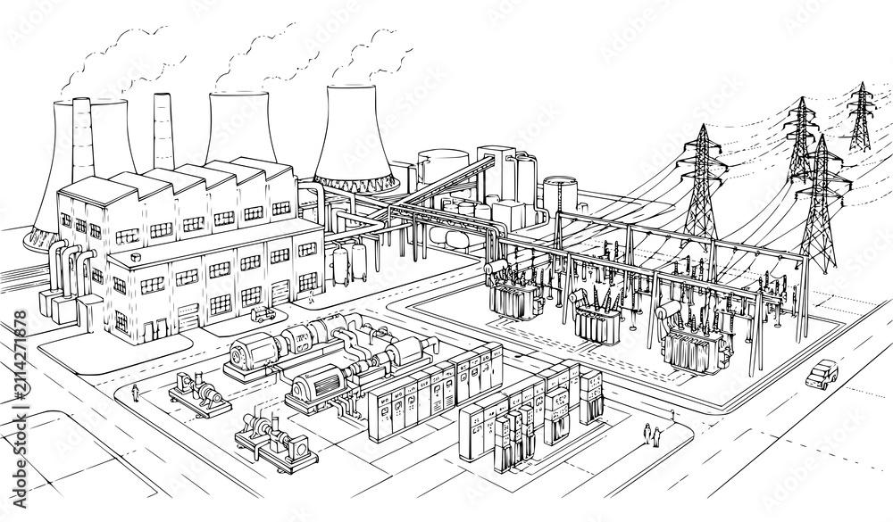 Fototapeta premium Industrial Power Plant Sketch Vector with Transmission Towers and Electrical Machinery Illustration