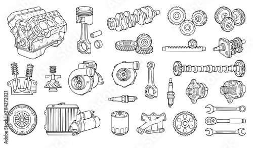 Bild auf Leinwand Mechanical Engine Sketch Vector Collection with Gears Pistons and Industrial Mac