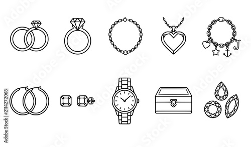 Luxury Jewelry Line Icon Set with Diamond Rings Necklace Earrings and Bracelet Symbols Vector