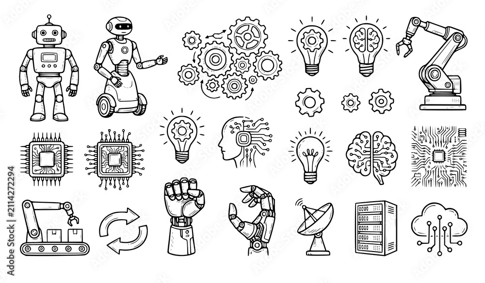 Fototapeta premium Hand Drawn Robot Technology Sketch Vector Collection with Gears Light Bulbs and Computer Chips