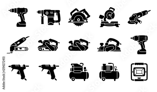 Bild auf Leinwand Electric Power Tool Silhouette Icon Collection for Construction DIY and Workshop