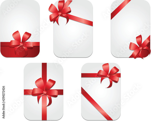 Collection of blank vertical gift cards with realistic red satin ribbons and bows isolated on white background, vector 3D illustration set of rounded greeting card frames, christmas voucher templates,