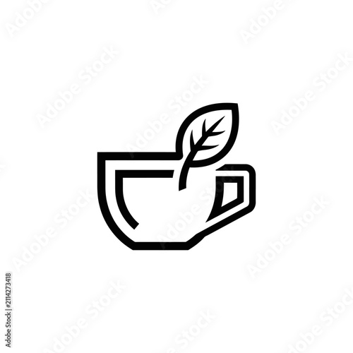 Minimalist outline icon of a cup with a leaf representing herbal tea.