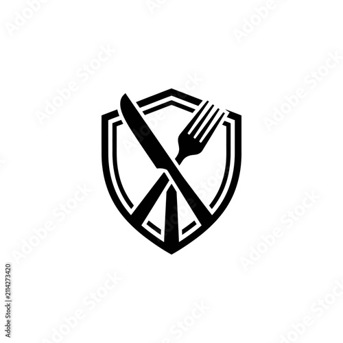 Minimalist shield logo design featuring crossed knife and fork kitchen utensils.