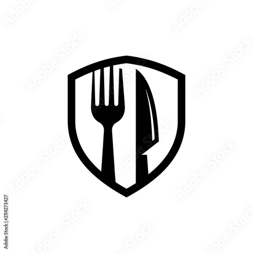 Minimalist vector shield icon with fork and knife silhouette.