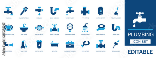 Plumbing icon set. Featuring plumber wrench pipe leak drain cleaning water faucet heater fitting toilet plunger sink meter pressure gauge shower head vector.