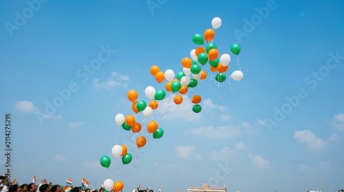 Balloons in Indian flag colors, orange, white, green, released into bright blue sky during celebrations.