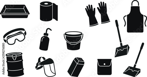 Set of black silhouette icons representing various cleaning supplies and janitorial equipment for professional maintenance and household chores