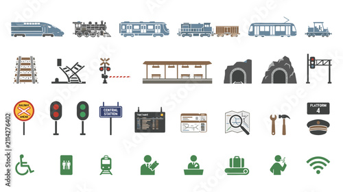 Train transportation icons for stations and travel vector set.