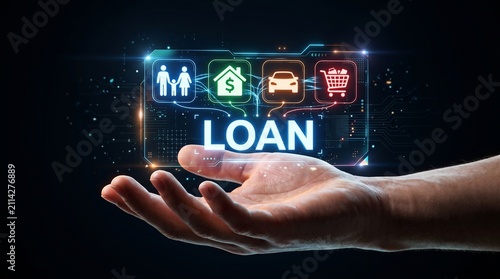 Human hand holding digital holographic interface representing financial loan concepts and various consumer banking services with supporting glowing digital