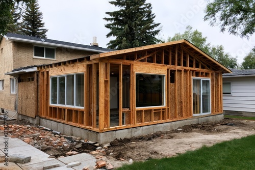 Home extension construction site on residential building