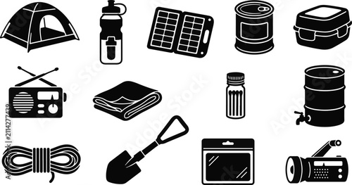 Set of black and white camping and survival gear icons including tent shovel rope and emergency radio equipment
