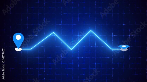 4K Neon Zigzag Navigation Route with Map Pin on a grid background. Glowing Zigzag GPS navigation route for delivery services, Online shops, UI, Buying process, and Business Marketing.
