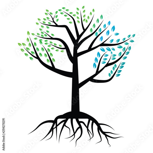 Abstract-Nature-Tree-With-Green-And-Blue-Leaves-Deep-Root-System-Eco-Concept-Vector-Illustration-On-White-Background