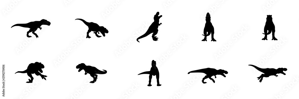 Fototapeta premium Dinosaurs in Black Silhouettes Walking and Standing in Various Poses Featuring Prehistoric, Creatures, Reptiles with Fossils