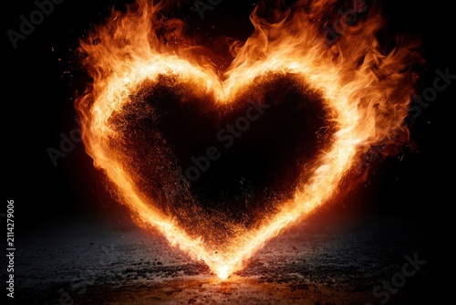Glowing heart shape with bright fire flames