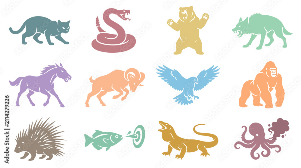 Obraz premium Colorful animal icons on white.