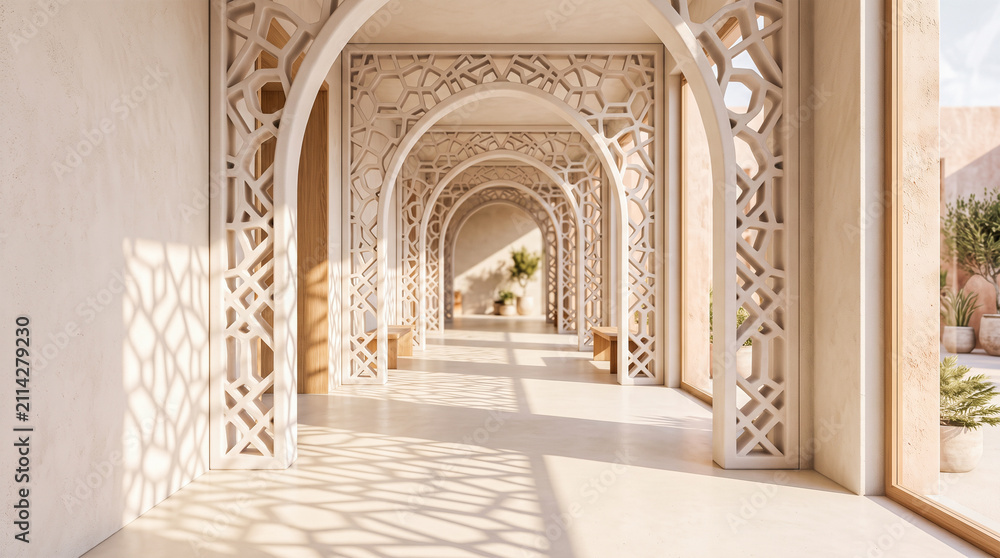 Fototapeta premium Beautiful long corridor arched doorways intricate carved white plaster patterns modern mediterranean architecture sharp geometric sunlight shadows empty outdoor hallway