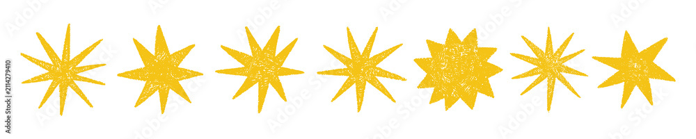 Obraz premium Hand-drawn star doodles in pastel crayon strokes. Cute vector icons with brush textures, sparkles, and vintage chalk effects. Yellow vector illustration.