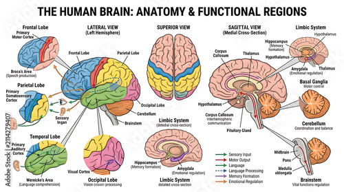 Foto Comprehensive Educational Illustration of Human Brain Anatomy Highlighting Vario