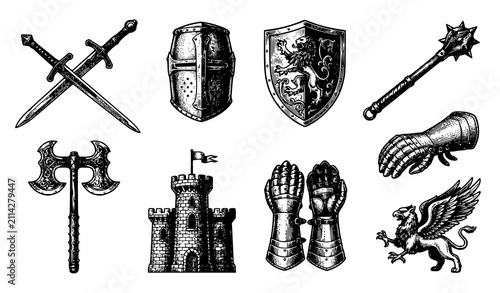 Fotografie Vintage Medieval Knight Weapon and Armor Vector Icon Set Featuring Crossed Sword