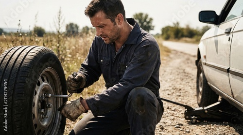 A man kneels beside a car on a quiet road. He is using a tool to remove a flat tire. The sun shines brightly overhead