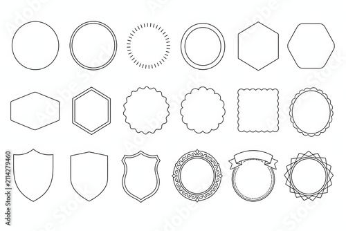 Set of Blank Line Art Badge Frames, Labels, Stamps, and Geometric Shield Borders