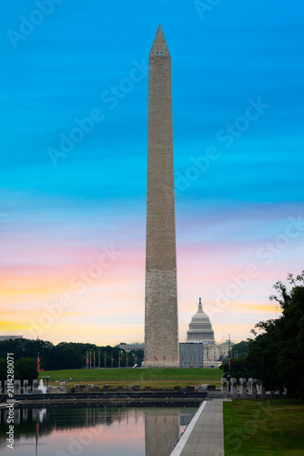 Washington Monument Reflecting in the Reflecting Pool at Blue Hour Sunrise, Washington DC, USA