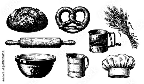 Foto Vintage Bakery Vector Icon Set Featuring Fresh Bread Pretzel Wheat Rolling Pin F
