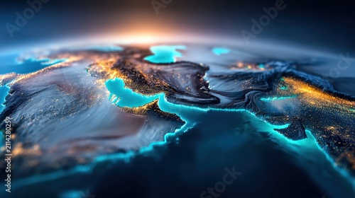 A breathtaking view of Earth from space, showcasing glowing city lights and illuminated coastlines against the dark expanse of the universe. ..Created with Generative AI, not depicting real subjects.