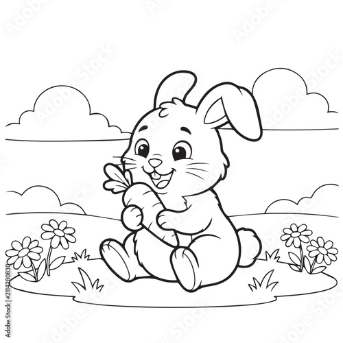 Cute bunny eating a carrot. Vector line art illustration of a happy rabbit for kids. A charming black and white line art illustration of a cute bunny rabbit holding a carrot in a meadow.