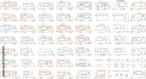 PrintMinimal Line Camper Van Collection, Outline RV Motorhome and Camping Vehicle Vector Icon Set Isolated on White Background