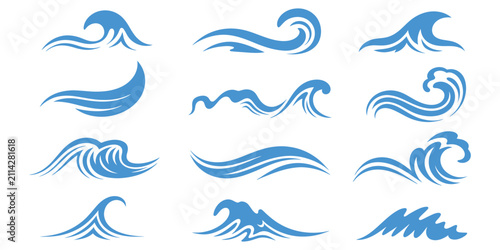 Foto Blue ocean water waves set with splashing sea swell tide silhouettes