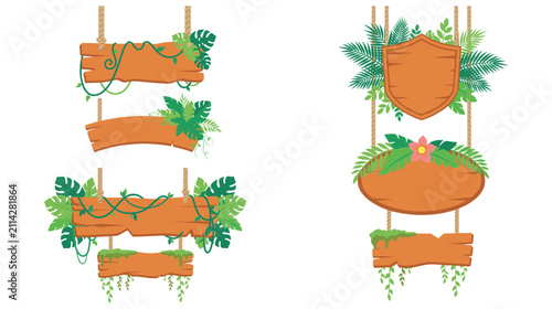 Jungle themed wooden signs hanging with vines and leaves.