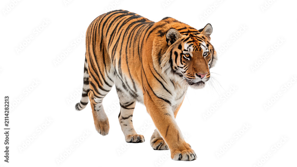 Obraz premium Powerful wild tiger walking forward with focused look isolated on transparent background