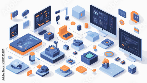 Stylized abstract 3D blocks and geometric forms in blue and orange tones on a white background, ideal for a modern technology or corporate website banner.