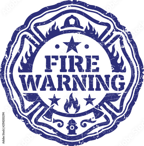 Blue fire warning maltese cross stamp on a white background