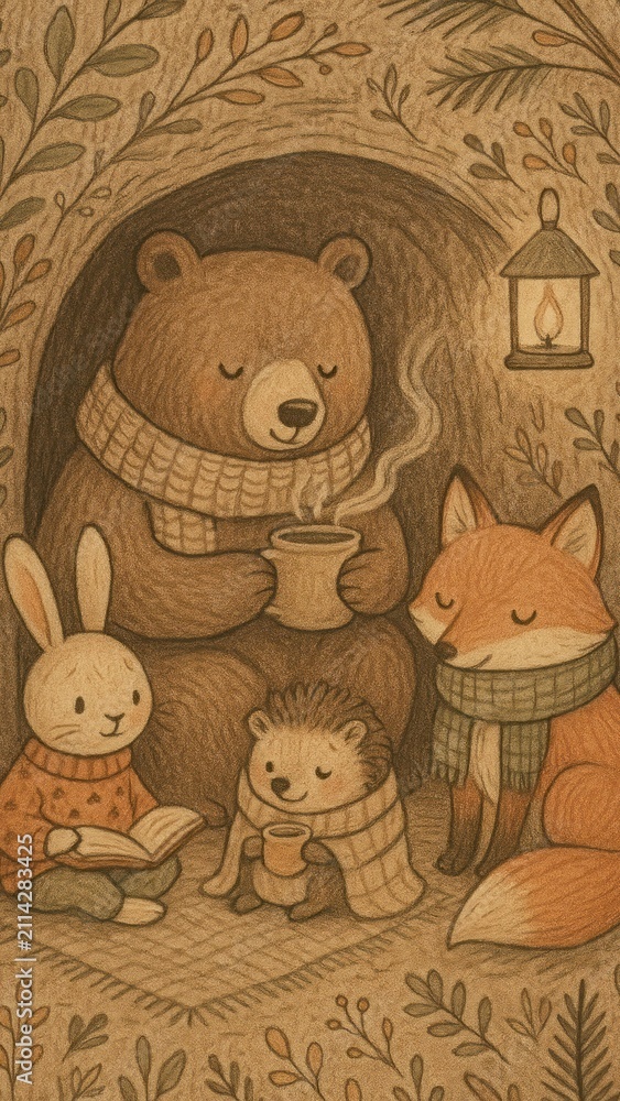 Fototapeta premium Cozy woodland animals gathering mobile wallpaper