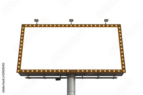 Blank golden billboard sign with glowing lights isolated on transparent background