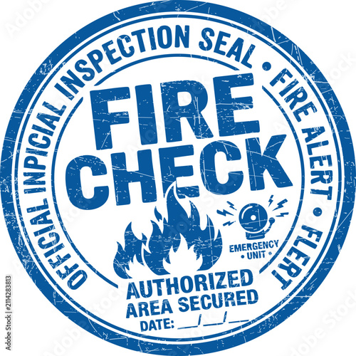 Blue grunge fire check inspection seal with alarm bell and flame