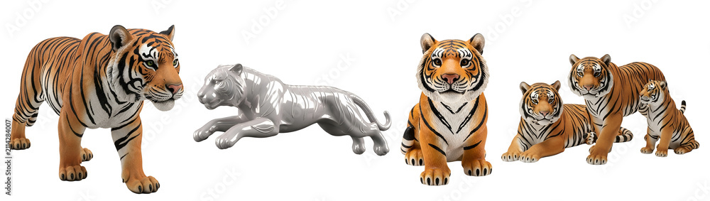 Obraz premium Majestic orange tigers and one metallic silver tiger figure displayed in various natural poses for creative projects on transparent background