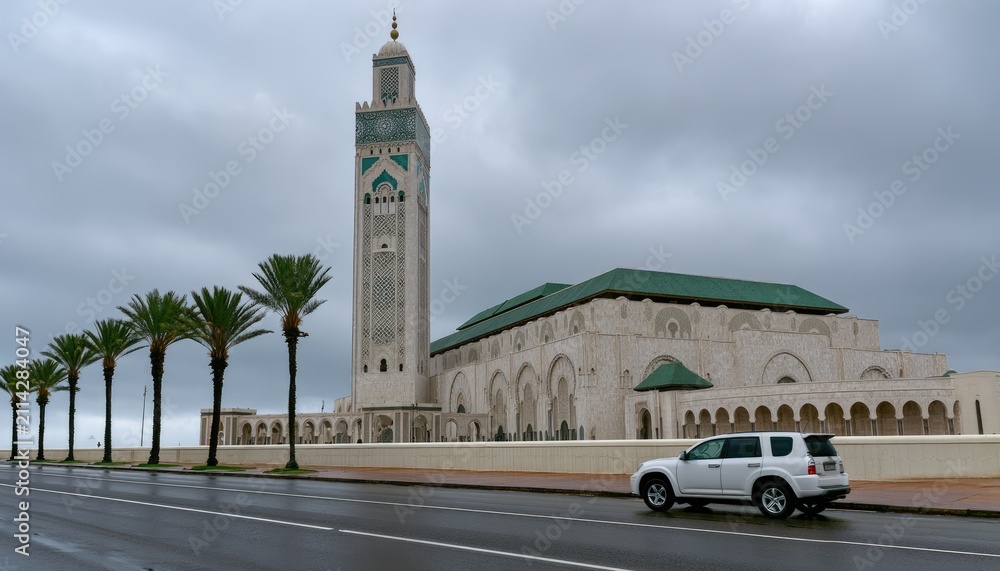 Fototapeta premium Large modern mosque with tall minaret, palm trees, and car on wet road