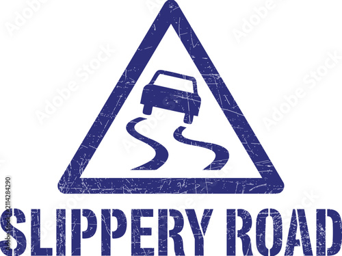 Blue slippery road traffic warning sign with grunge texture