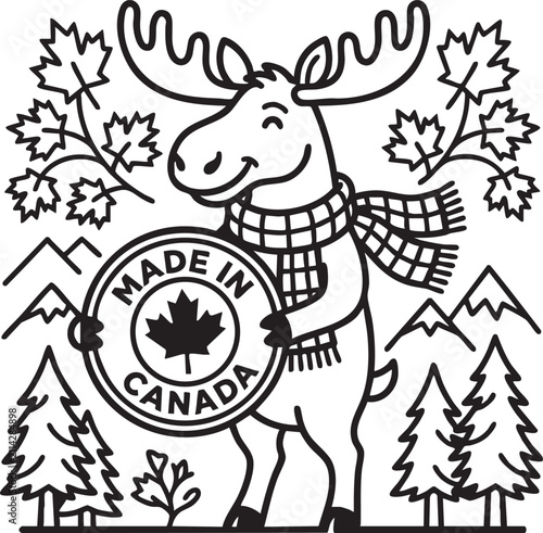Cartoon moose wearing a scarf holding a made in canada round emblem