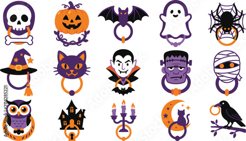 Fotografie Set of halloween door knockers, spooky icons with skull, pumpkin, bat, ghost, sp