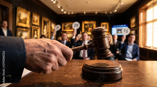 Auctioneer holding wooden gavel at a high stakes fine art auction house event