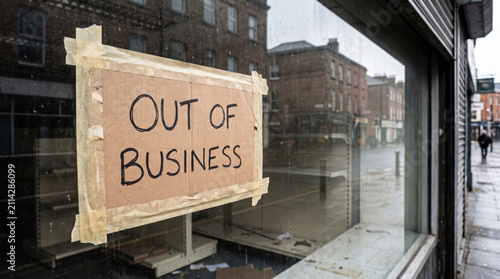 Out of business sign taped to storefront window of closed retail shop