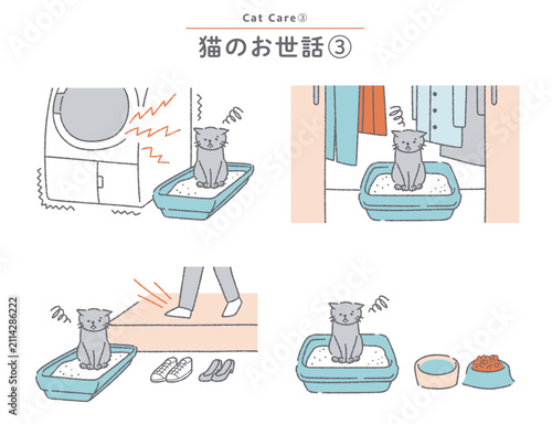 不適切な場所にトイレを設置され不満な猫　猫のトイレに関する素材セット