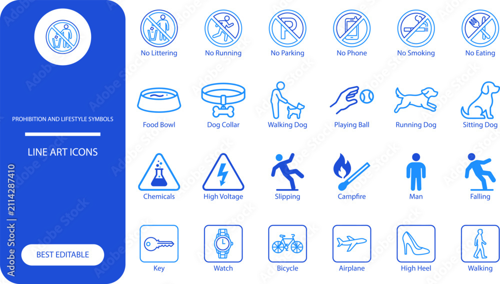 Fototapeta premium Prohibition and lifestyle symbols vector icon set. Bold glyph collection of no entry, dog, warning and activity signs for design