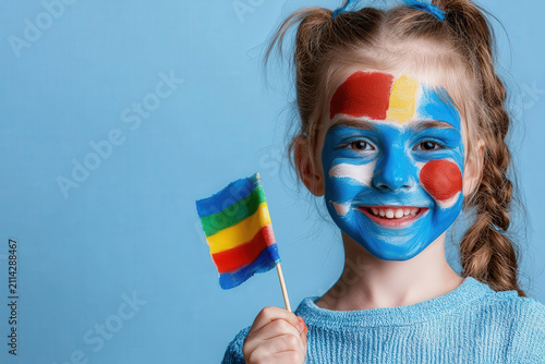 Child face paint flag smile blue background portrait colorful celebration national pride, young girl holding small flag with painted cheek
